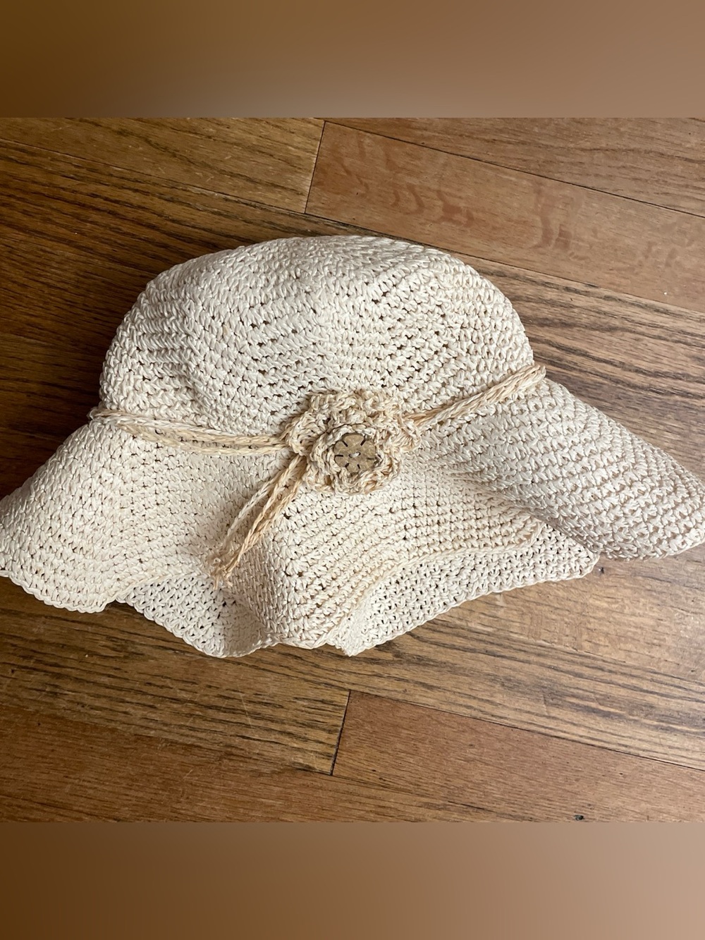 Crocheted Sun Hat with Flower Accent - Cream
